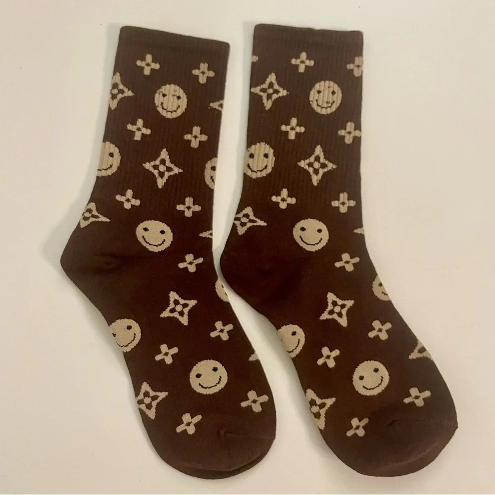Brand New | Monogram Smiley Face Crew Socks - Dark Mocha & Cream